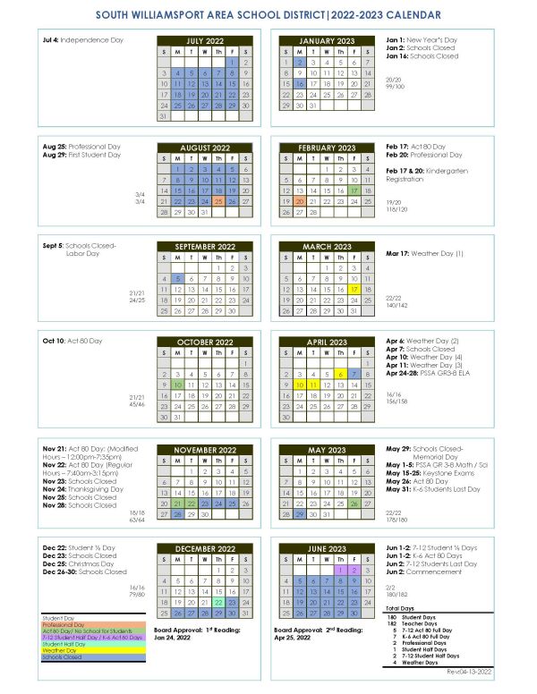 School Calendar South Williamsport Area School District