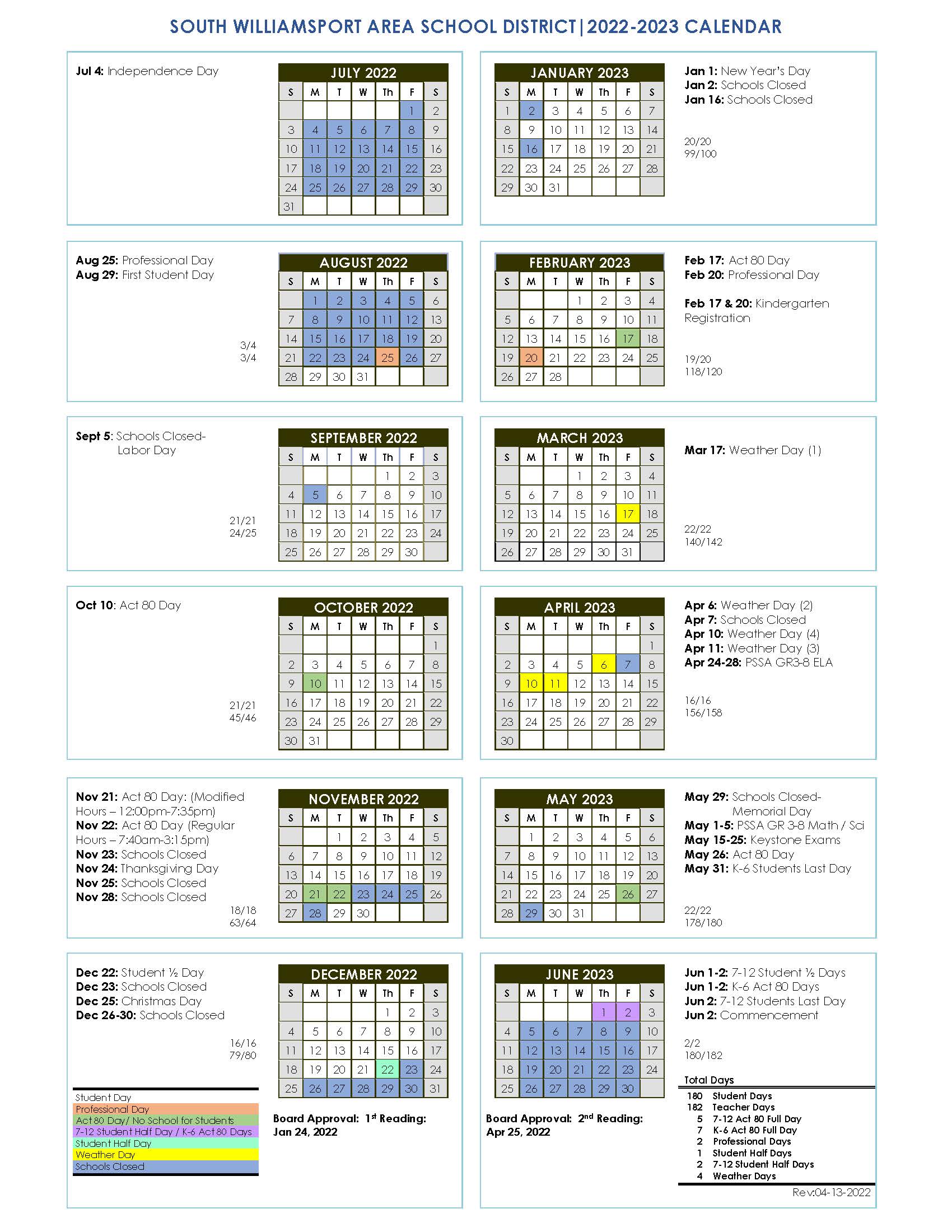 School Calendar – South Williamsport Area School District